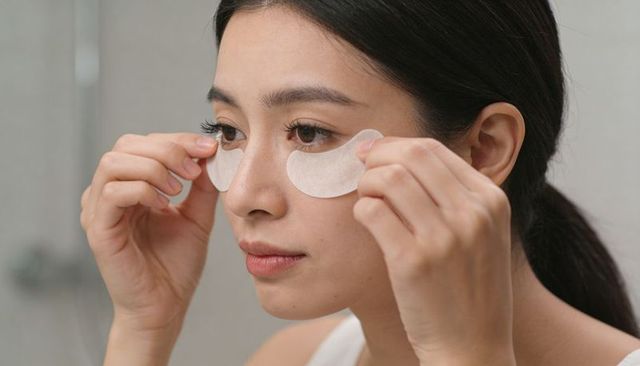 Asian woman applying under-eye patches for dewy skin and morning skincare routine