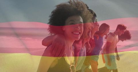 Group of Happy Friends Walking at Beach with Overlayed Flag Filter