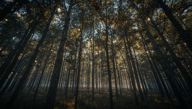 Sunbeams piercing tall pine rows, misty understory illuminating grassy forest floor
