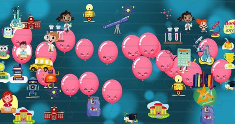 Educational Icons and Balloons on Blue Background