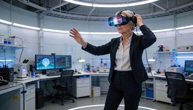 Senior scientist exploring virtual reality lab wearing vr headset with ai brain data