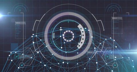 Rotating hud interface with neural network nodes and holographic grid for tech visuals