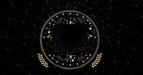 Golden Ornate Medallion with Laurel and Star Ring on Dark Geometric Wireframe Centerpiece