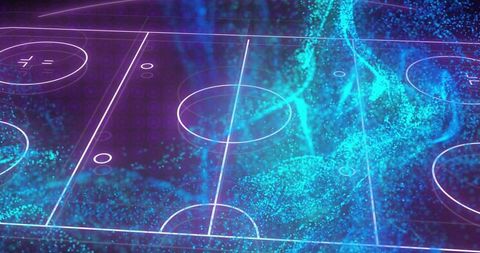 Holographic soccer field with turquoise particle stream and neon data visualization