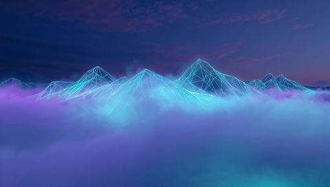 Neon wireframe mountains rising above violet fog at twilight futuristic cyber landscape