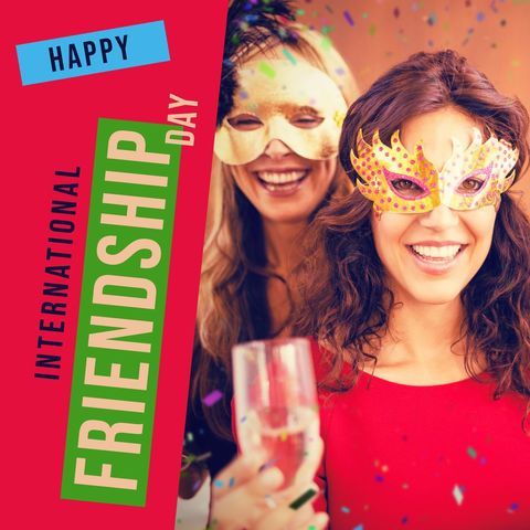 happy friendship day celebration with masked female friends - Download Free Stock Templates Pikwizard.com