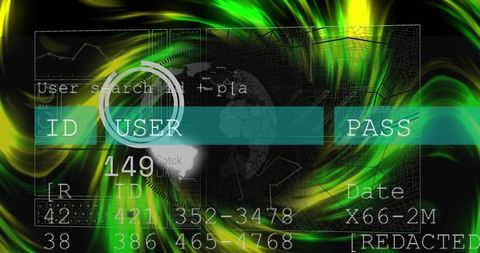 Cybersecurity hud interface scanning user id and redacted data on neon globe