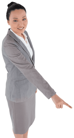 Transparent Asian Businesswoman Pointing Down in Gray Suit