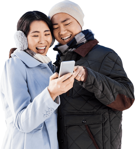 Cheerful Couple Enjoying Smartphone Outdoors with Transparent Background