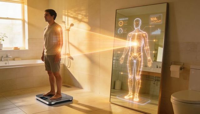 Man standing on smart scale viewing biometric hologram in sunlit bathroom mirror