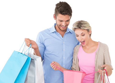 Happy Couple with Shopping Bags Transparent Background
