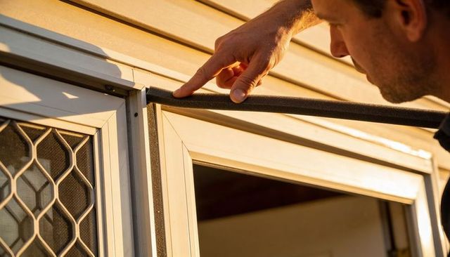 Man aligning foam weatherstrip on sliding window frame during home repair and energy saving