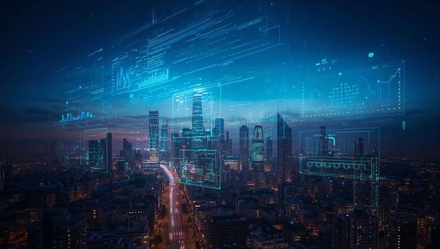 Futuristic smart city skyline with holographic data overlays and neon light trails at night