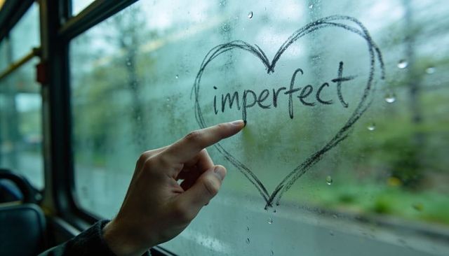 Finger tracing heart on fogged bus window reading 'imperfect' message, rainy mood