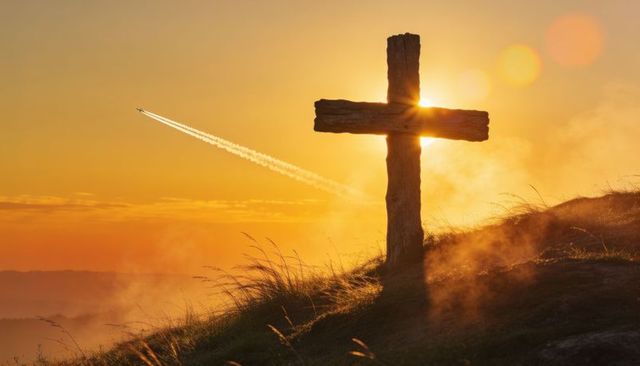 Weathered wooden cross standing on hilltop at golden sunset with airplane contrail