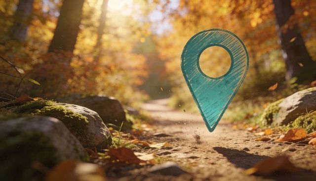 Teal map-pin hovering over autumn woodland trail at golden hour, gps navigation concept