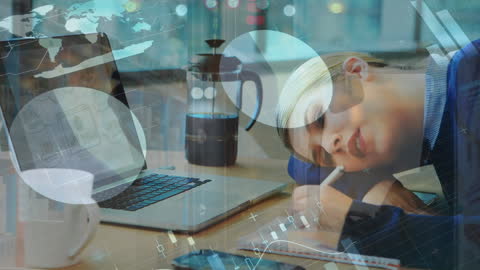 Exhausted Businesswoman Overwhelmed with Global Data Analytics