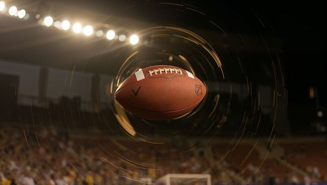 Spinning american football under stadium floodlights with motion trails and crowd