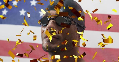 Triumphant Swimmer with USA Flag and Falling Confetti