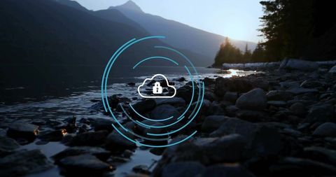 Digital Cloud Security at Tranquil Lakeside Dawn Landscape