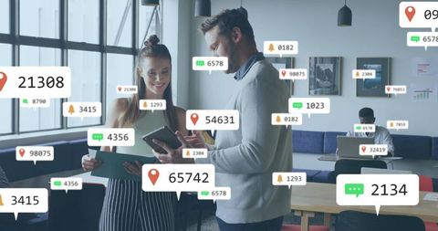 Coworking collaboration with digital engagement overlays showing metrics and location pins