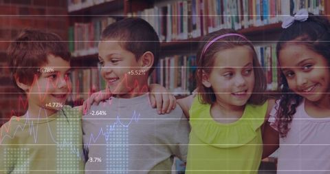 Diverse Children in Library with Digital Financial Data Overlay