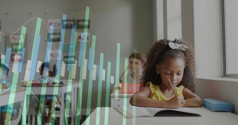 Writing student with curly hair focusing at classroom desk with data chart overlay