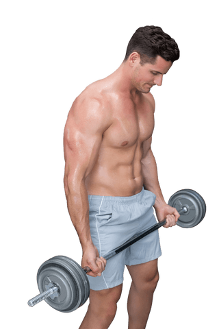 Caucasian man exercising with weights on transparent background isolated