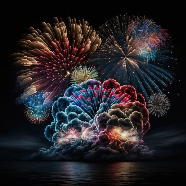 Multi coloured fireworks exploding over cityscape, created using generative ai technology. Fireworks, new year's eve and celebration concept digitally generated image.
