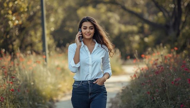 Woman in Casual Wear Talking on Smartphone on Nature Trail