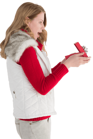 Blonde Woman Opening Transparent Gift Reveal Expression