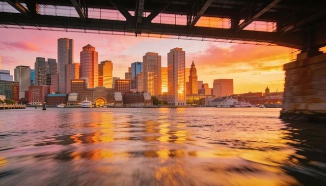 Golden sunset framing boston harbor skyline through bridge girders and reflected water