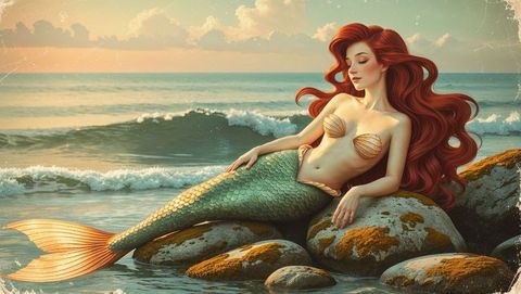 Majestic mermaid with red hair relaxing on mossy rock coastal fantasy