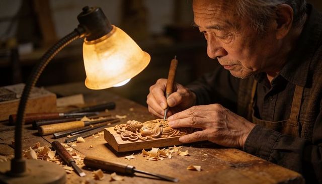 Senior artisan carving intricate wooden relief under warm lamp at workbench