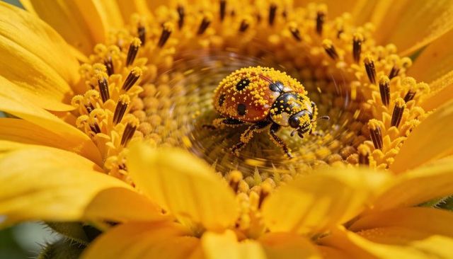Pollen-covered ladybug pollinating sunflower center, swirling pollen motion macro close-up