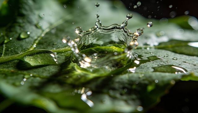 Capturing crown-shaped water splash landing on glossy green leaf showing veins and droplets
