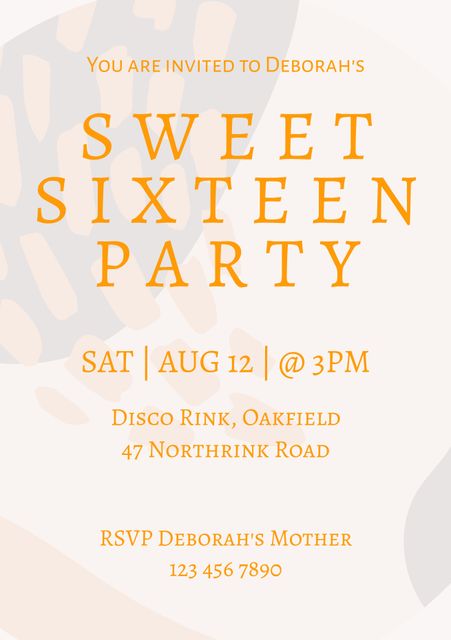 Perfect for celebrating a sweet sixteen birthday, this chic invitation features an orange theme with modern typography. Ideal for party hosts looking to send personalized invites for a teenage birthday party. This can be used by printing out or sending digitally to guests. RSVP is enclosed for managing attendees.