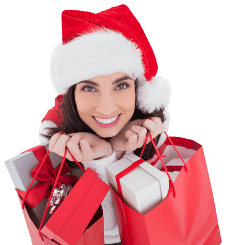 Smiling Woman in Santa Hat Holding Gift-filled Transparent Red Shopping Bags