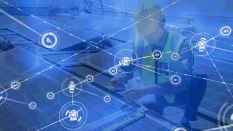 Technician Installing Solar Panels with Digital Network Overlay