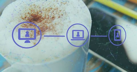 Digital network icons overlaying morning coffee setup