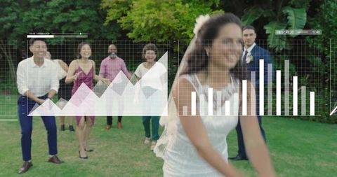 Bride tossing bouquet in garden with digital data overlay, groom and guests celebrating