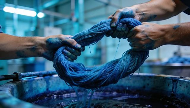 Workers wringing indigo yarn over vat, dyeing textile fibers, hands stained with blue dye