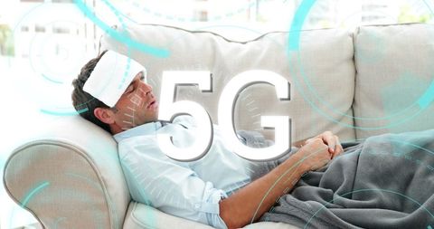 5G Technology Concept with Unwell Man on Sofa