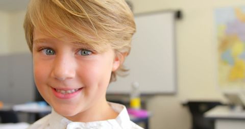 Cheerful schoolboy smiling in classroom