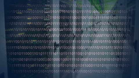 Digital Binary Code Overlays Futuristic Data Center