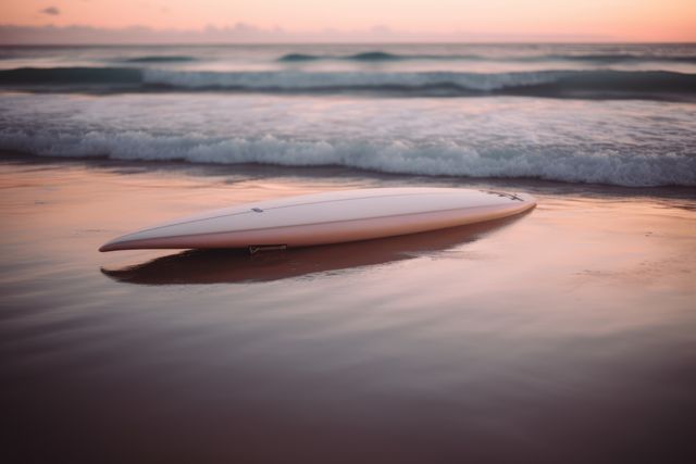 White surfboard lying on beach at sunset, created using generative ai technology. Surfing, sports, hobbies and vacation concept digitally generated image.