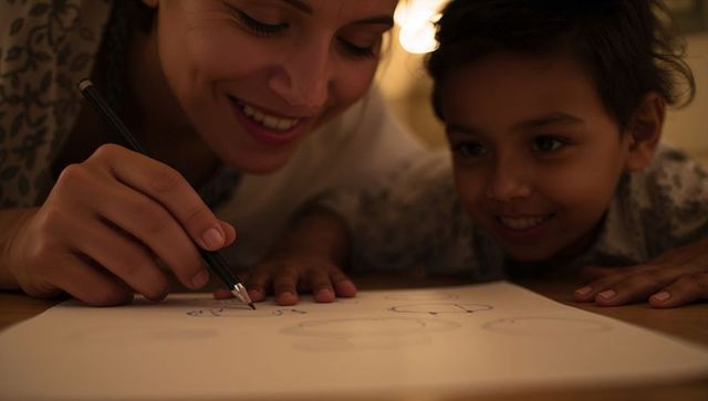 Mother guiding son drawing at cozy home table during warm evening light, family bonding moment
