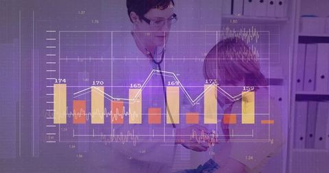 Doctor Examining Child with Stethoscope Amidst Digital Medical Charts