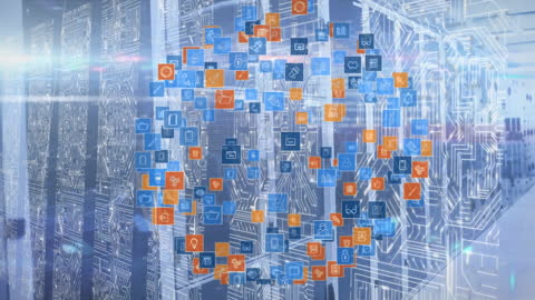 Digital Network Icons Rotating Around Globe in Server Room