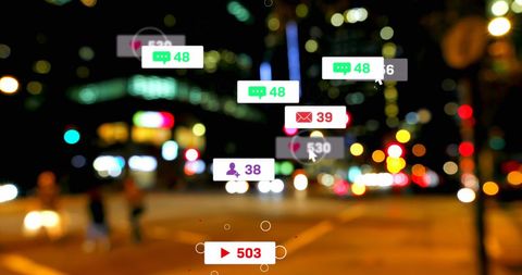 Floating social media icons with city lights in background